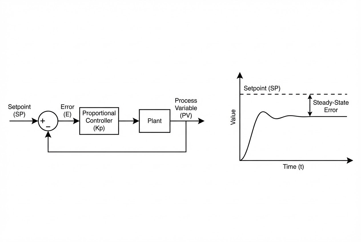รูปประกอบบล็อกไดอะแกรมของ Proportional Control และกราฟ Steady-state error