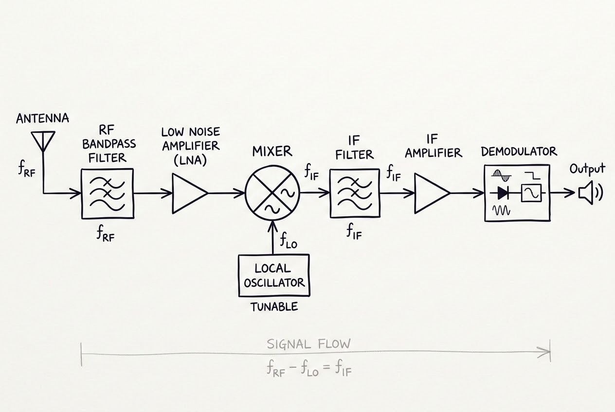 รูปประกอบแผนผัง Block Diagram ของเครื่องรับวิทยุแบบ Superheterodyne
