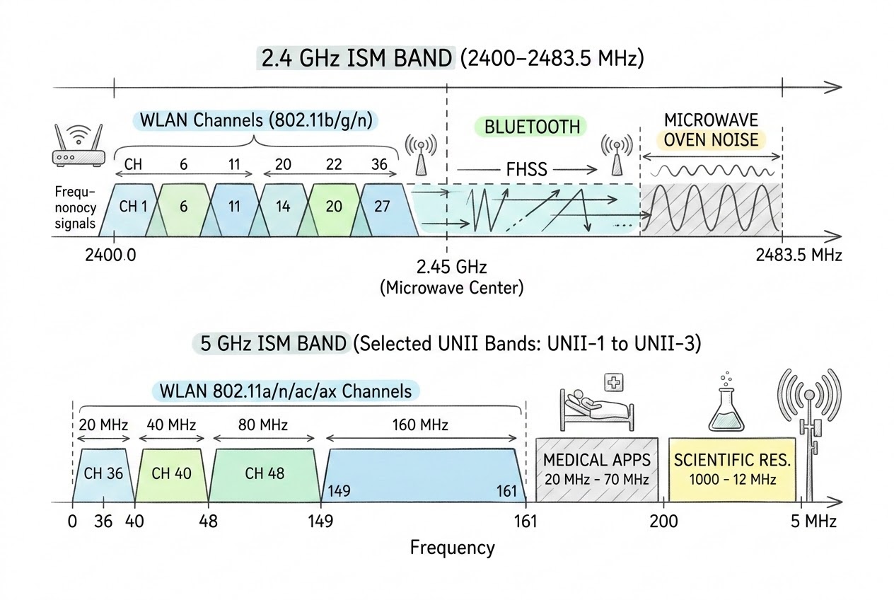 รูปประกอบแผนผังแสดงการแบ่งย่านความถี่ 2.4 GHz และ 5 GHz