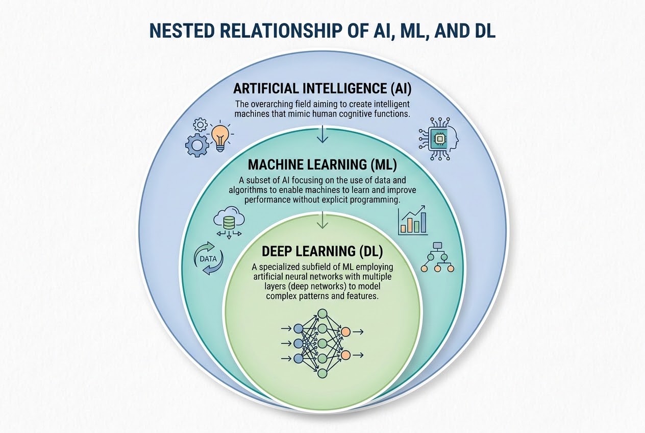 แผนผังวงกลมซ้อนความสัมพันธ์ของ AI, ML และ DL