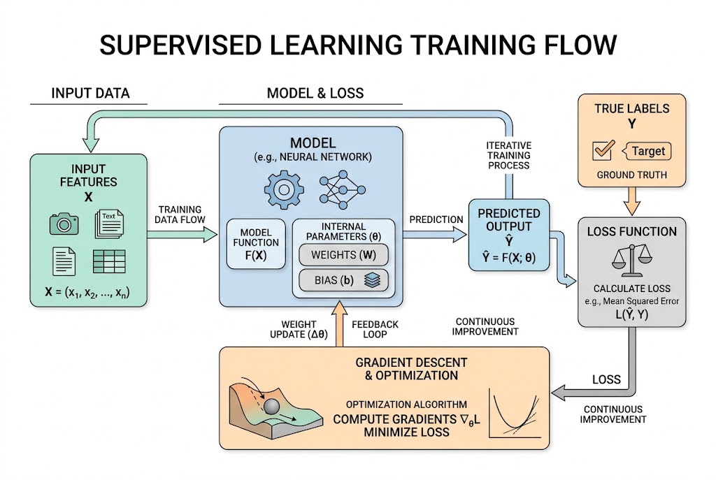 รูปแผนผังโครงสร้างการไหลของข้อมูลใน Supervised Learning