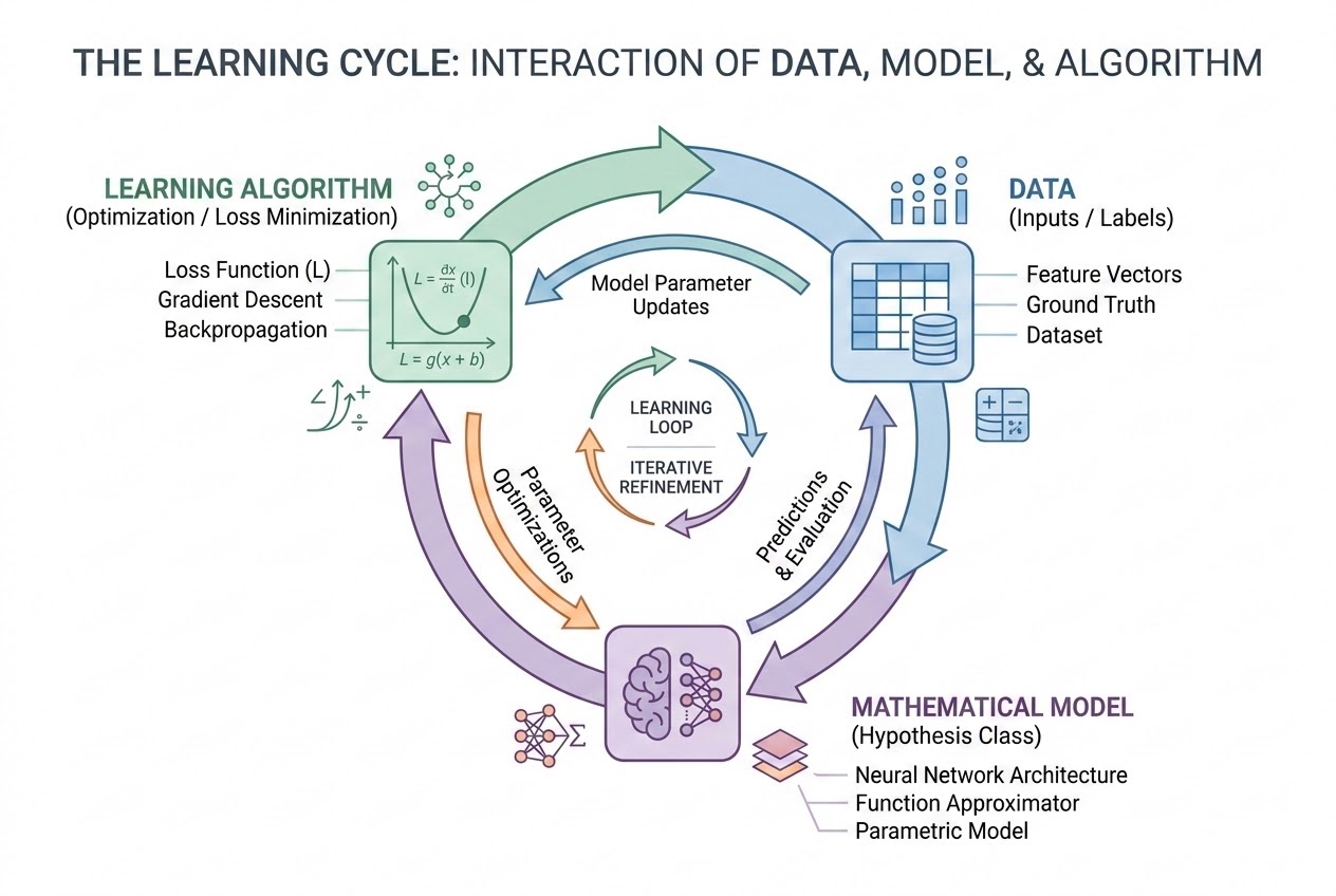 แผนภาพวงจรความสัมพันธ์ระหว่าง Data, Model และ Learning Algorithm