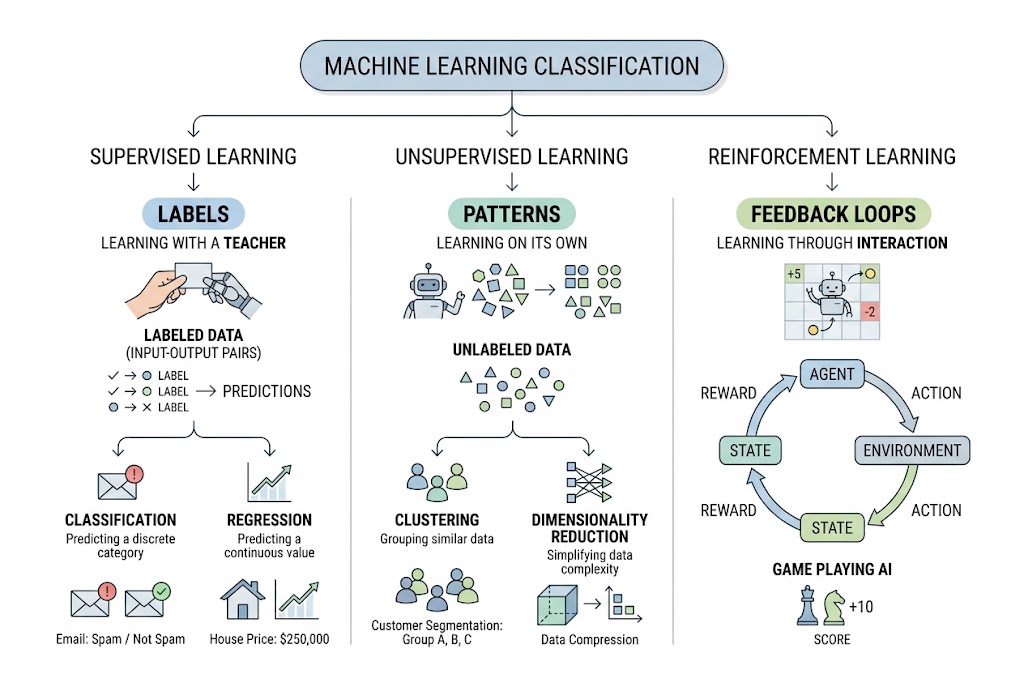แผนภูมิความสัมพันธ์และสับเซตของ Supervised, Unsupervised และ Reinforcement Learning